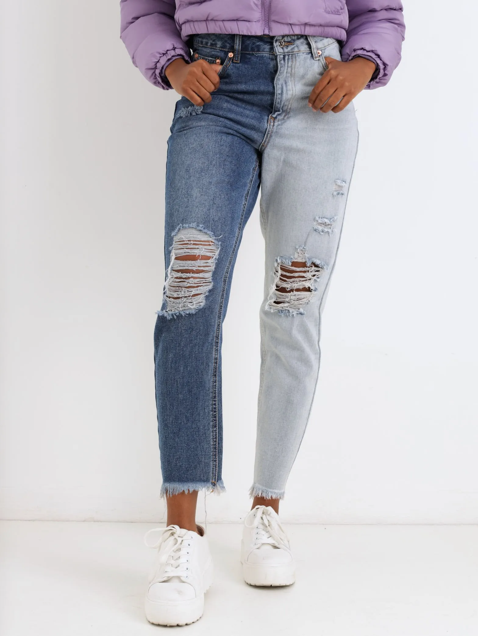 Ladies Bleach Two-Tone Ripped Denim Mom Jean sold by Edgars