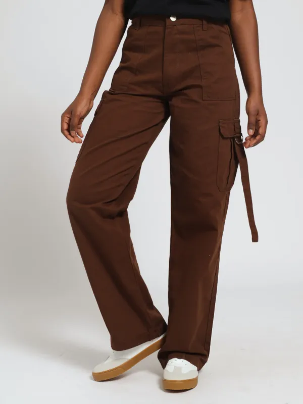 Girls Twill Cargo Pants With Straps - Brown sold by Edgars