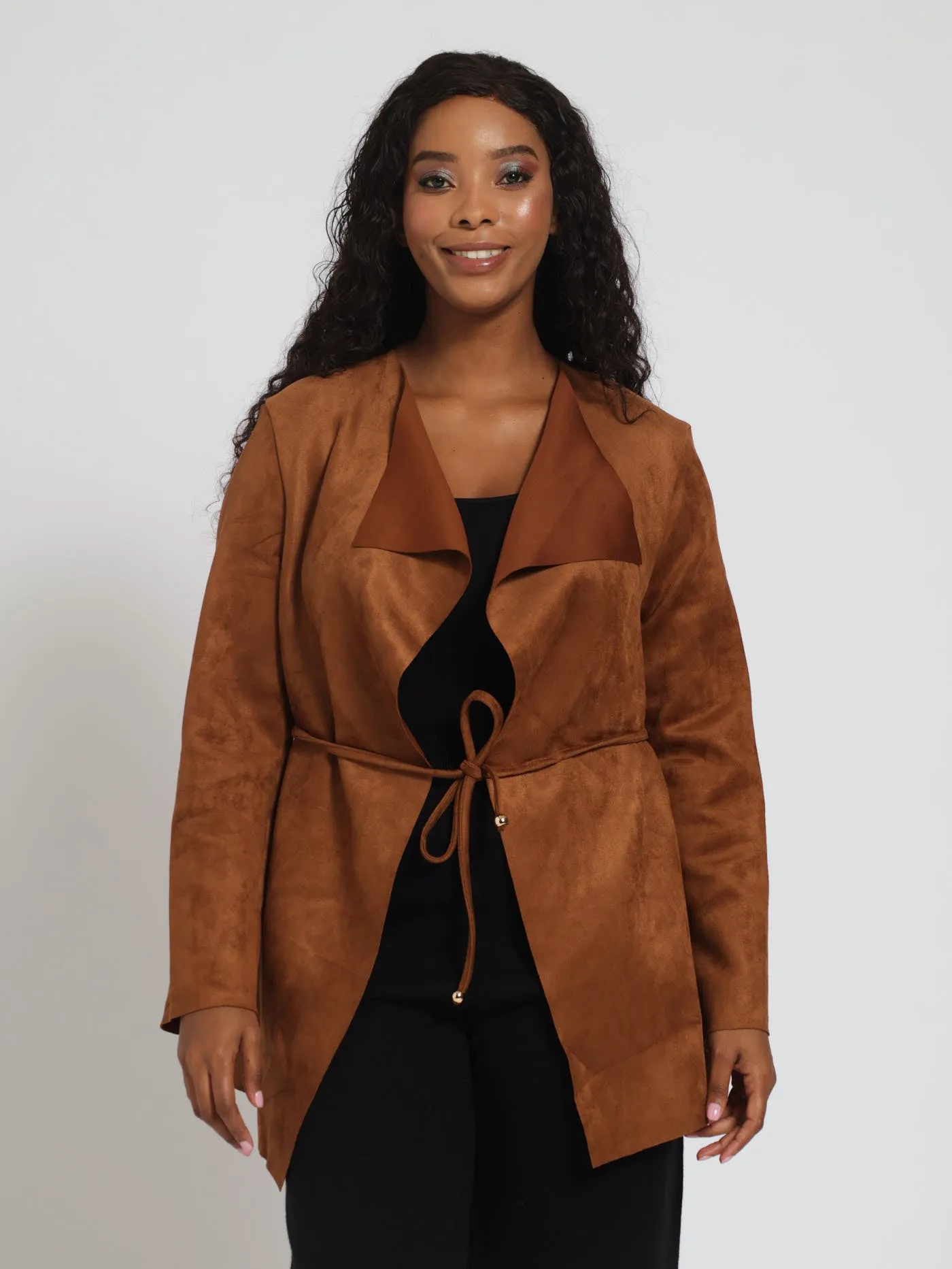 Long Sleeve Suede Waterfall Jacket - Brown sold by Edgars