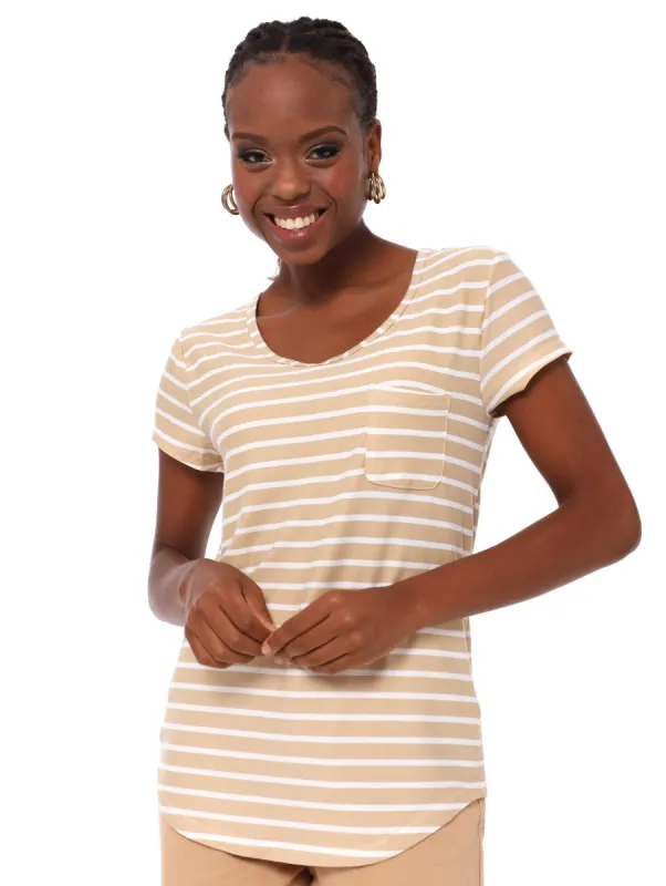 Ladies Striped Pocket Tee - Stone sold by Edgars