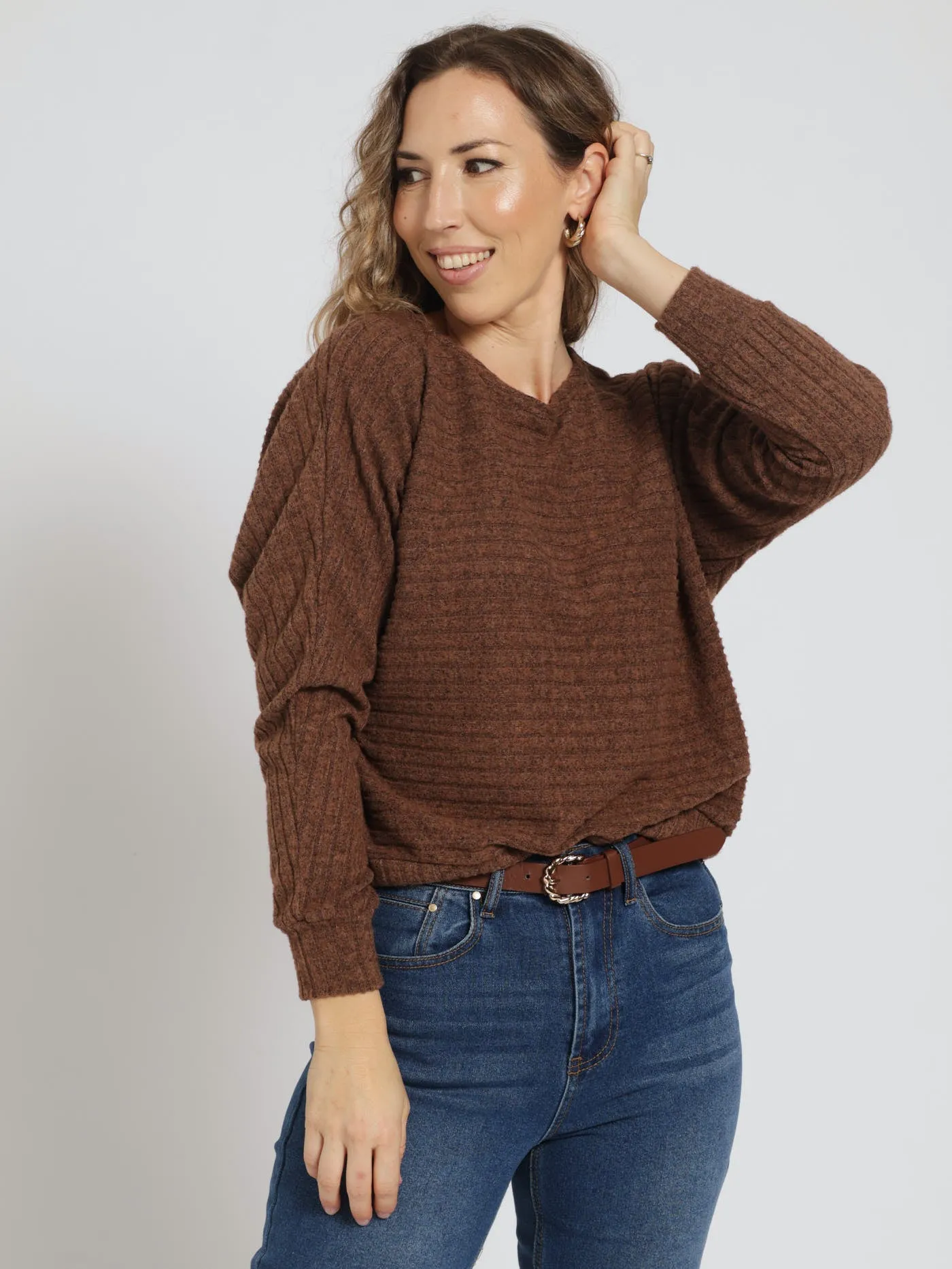 Long Sleeve Dolman Ribbed Top - Chocolate sold by Edgars