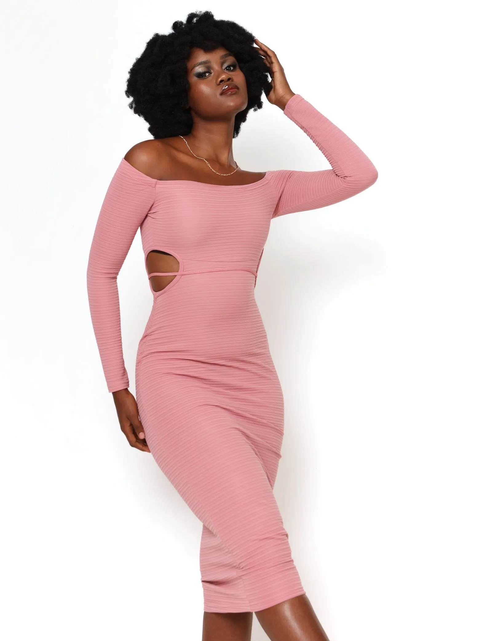 Ladies Long Sleeve Waist Peep Out Bodycon Dress - Blush sold by Edgars