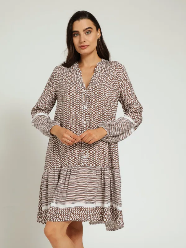 Long Sleeve Drop Hem Shift Dress - Brown/White sold by Edgars