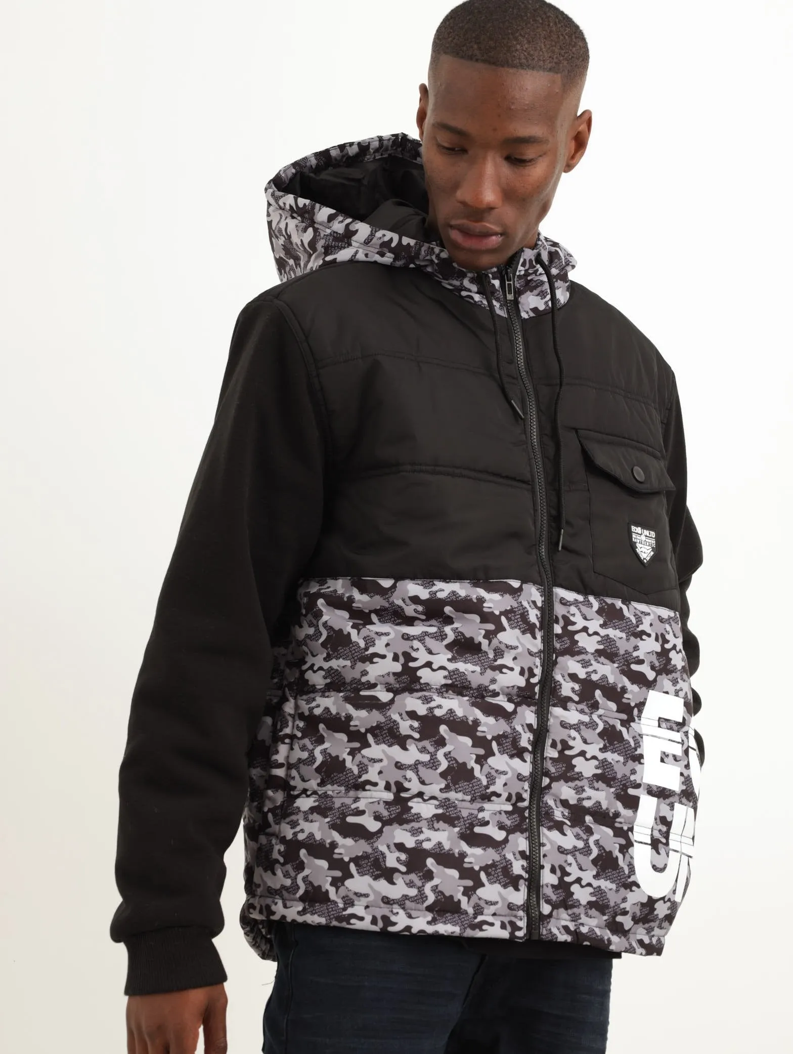 Men's CutNSew Camo Zip Through Jacket - Charcoal sold by Edgars