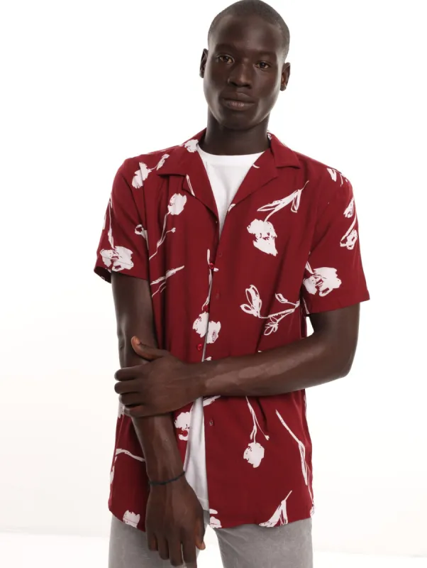 Men's Short Sleeve Leaf Floral Shirt - Burgundy sold by Edgars