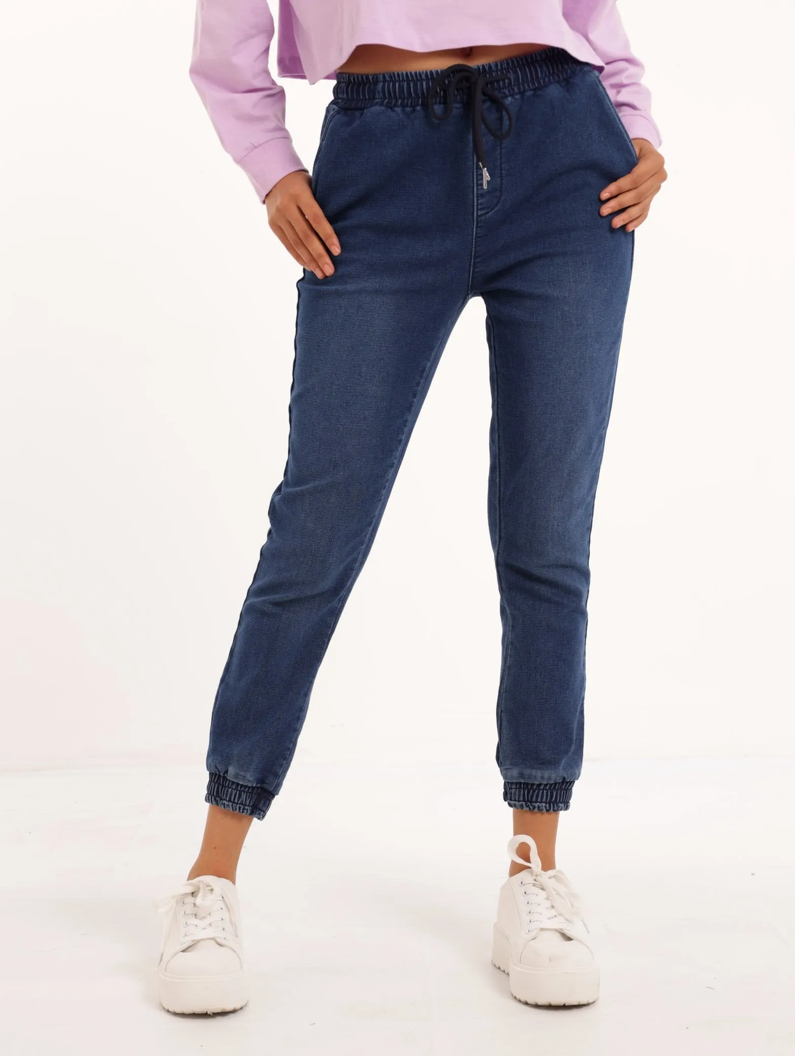 Ladies Mid Blue Jersey Denim Jogger sold by Edgars