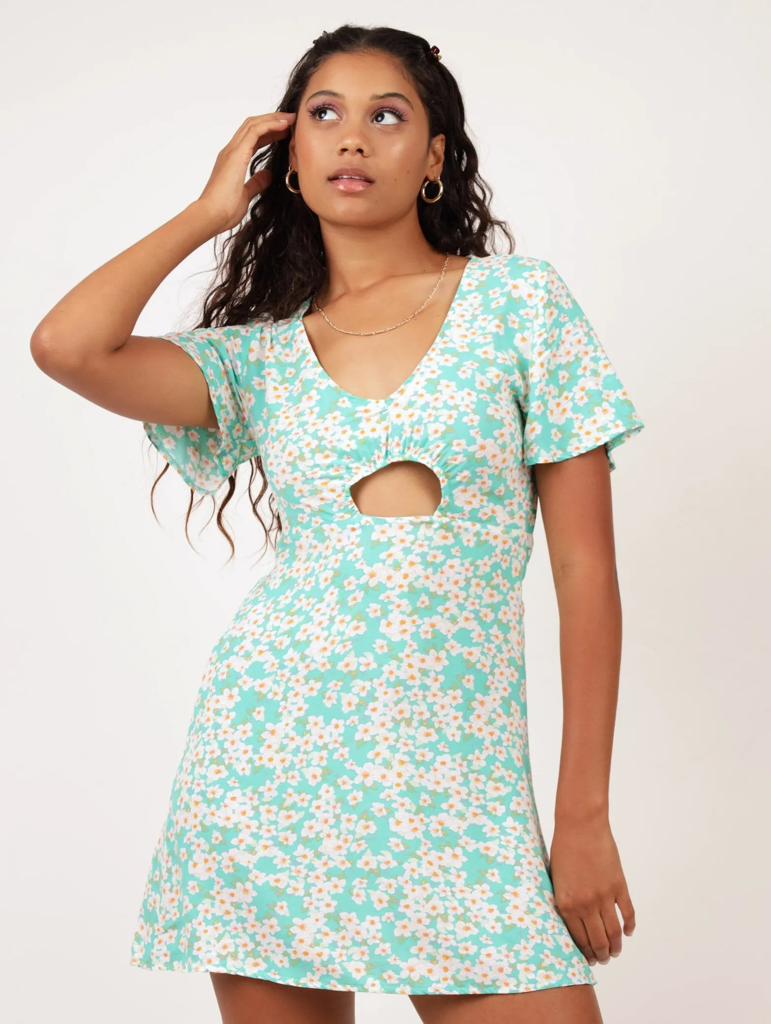 Ladies Flutter Sleeve Peep Hole Dress - Aqua sold by Edgars