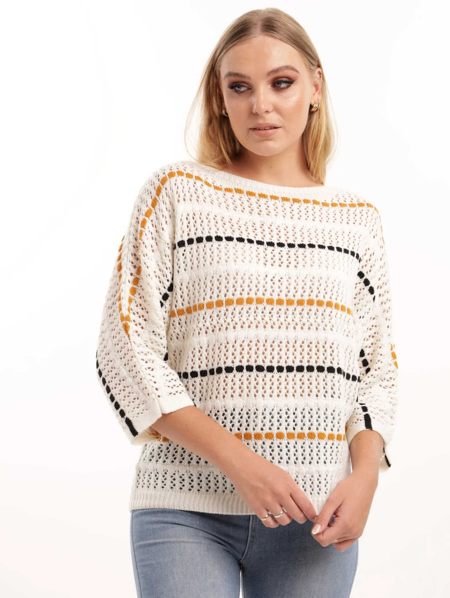 Ladies Open Knit Striped Pullover - White sold by Edgars