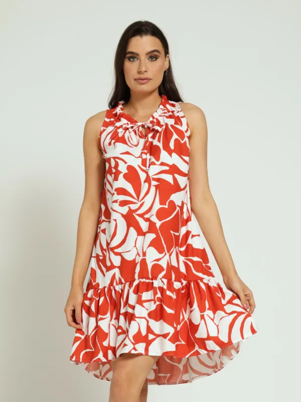Frill Neck Drop Hem Dress - Orange sold by Edgars