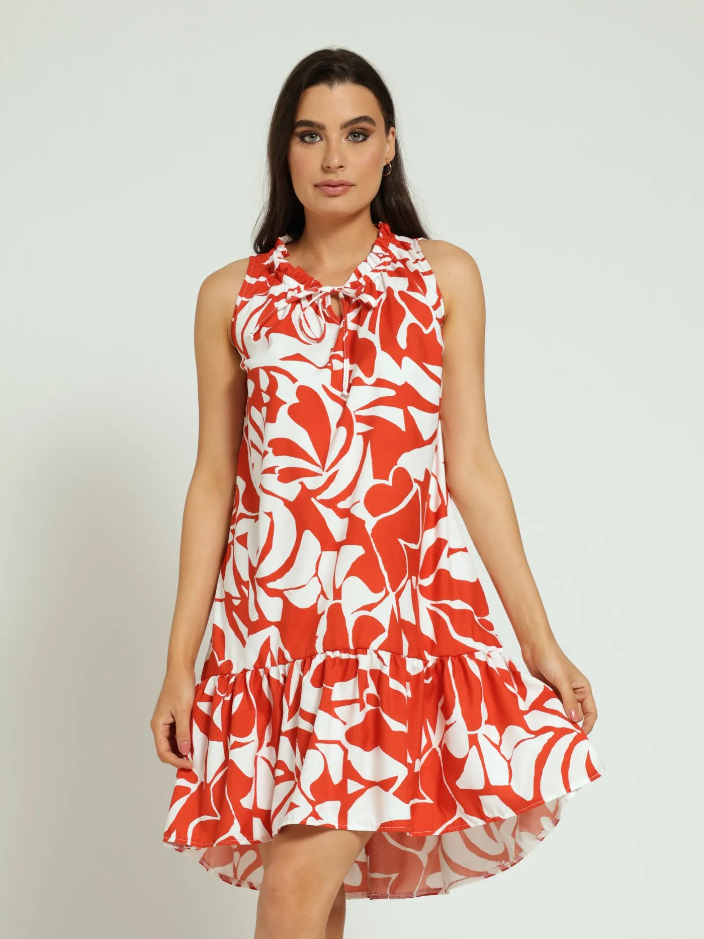 Frill Neck Drop Hem Dress - Orange sold by Edgars