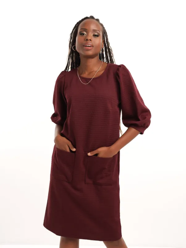 Puff Sleeve Shift Dress - Burgundy sold by Edgars