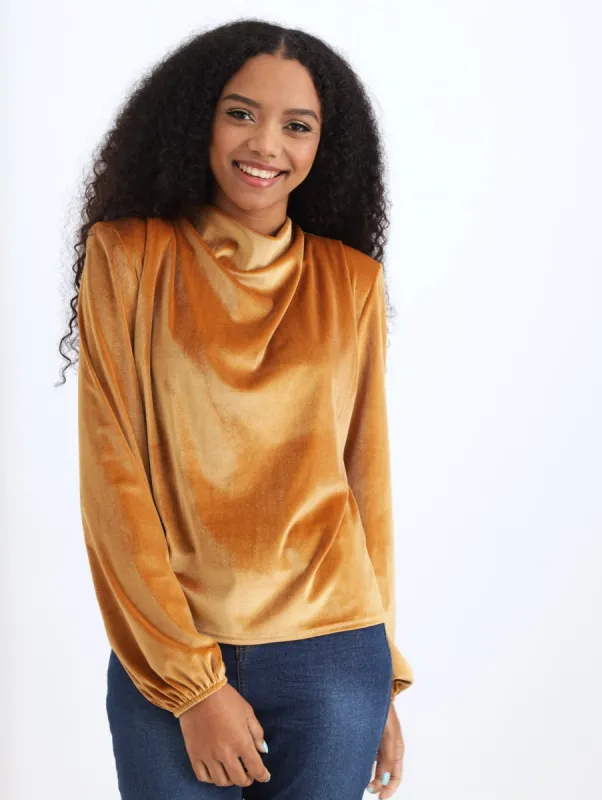 Ladies Velour Blouse With Shoulder Pads - Mustard sold by Edgars