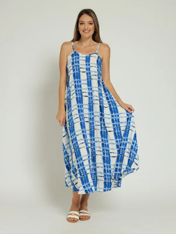 Strappy Slip Tie-Dye Check Maxi Dress - White/Blue sold by Edgars