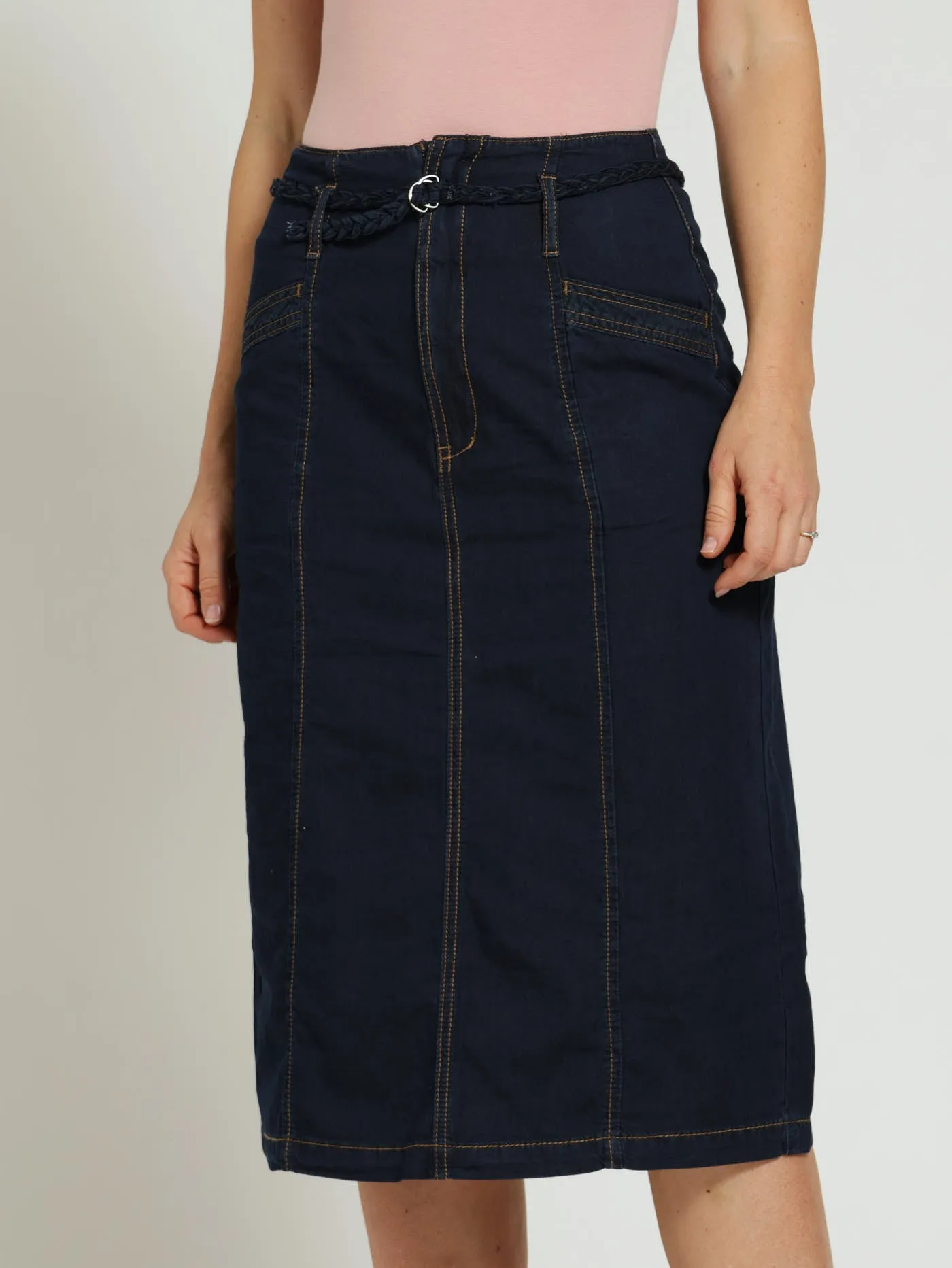 Denim Pencil Skirt With Plaited Belt - Dark Wash Ink sold by Edgars