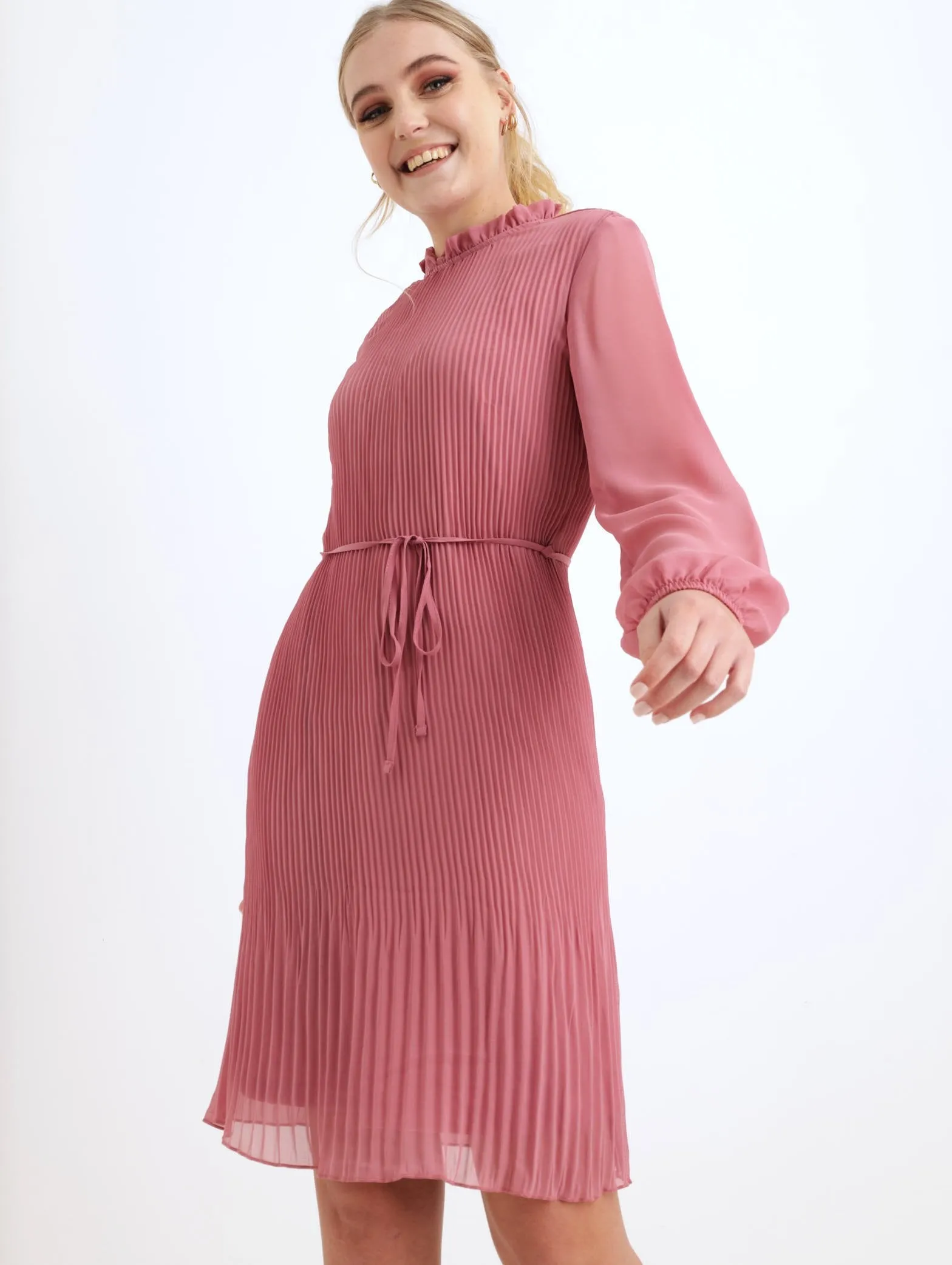 Ladies Long Sleeve Plain Pleated Chiffon Tea Dress - Dusty Pink sold by Edgars