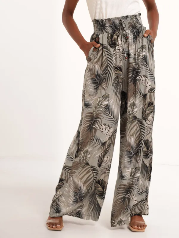 Ladies Shirred Button Detail Wide Leg Pant - Fatigue sold by Edgars