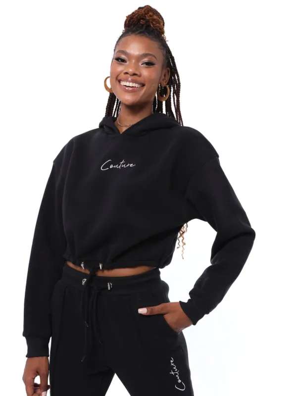 Ladies Couture Corduroy Hem Hoody Pullover - Black sold by Edgars