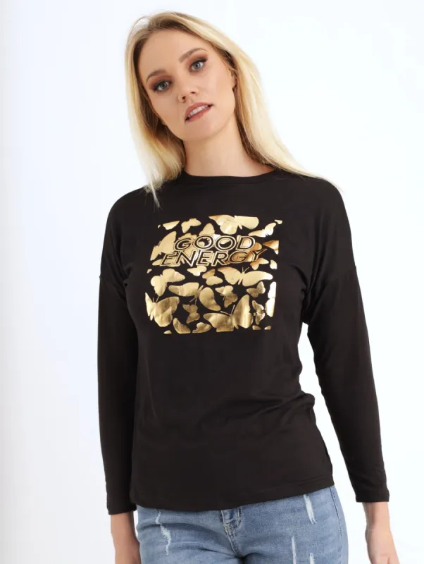 Ladies Long Sleeve Side Slit Good Energy Tee - Black sold by Edgars