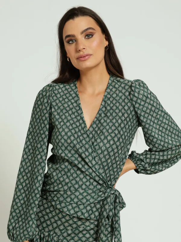 Long Sleeve Wrap Blouse - Forest Green sold by Edgars