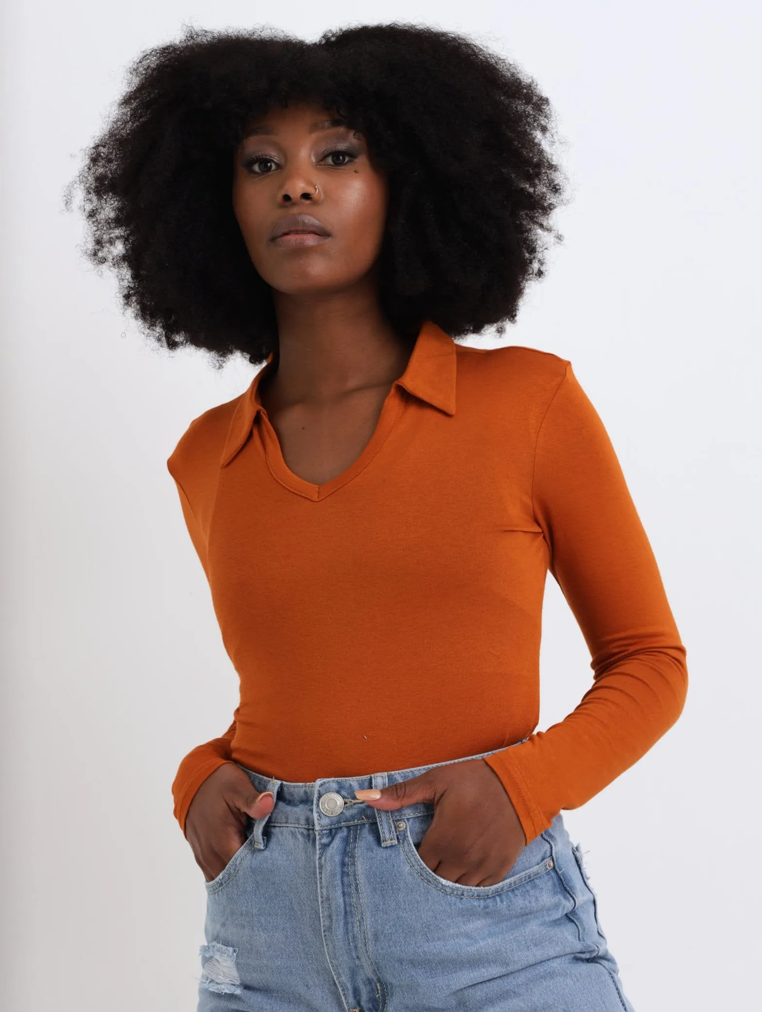 Ladies Collar Crop Top - Rust sold by Edgars