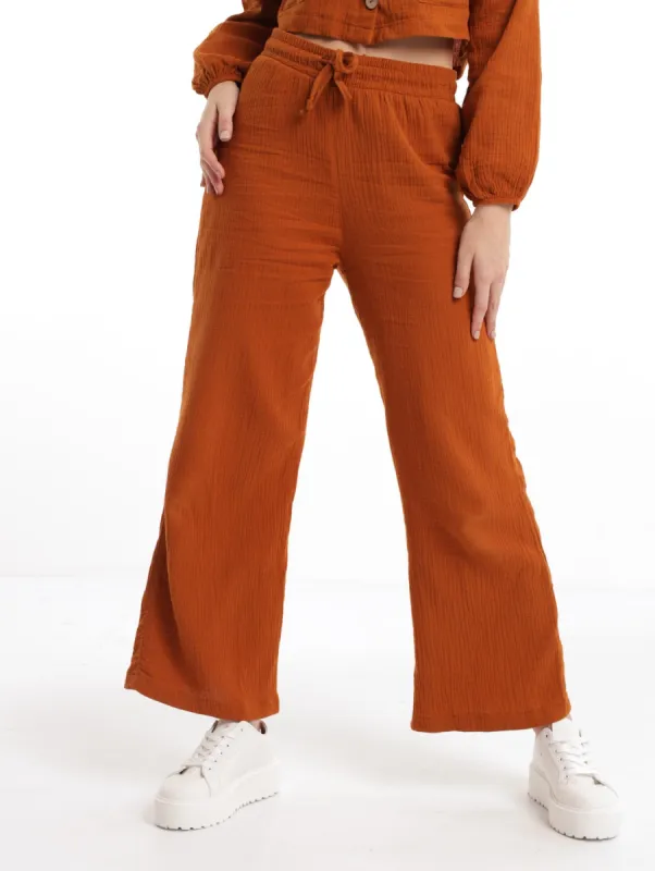 Ladies Bonded Cheese Cloth Wide Leg Pant - Tobacco sold by Edgars