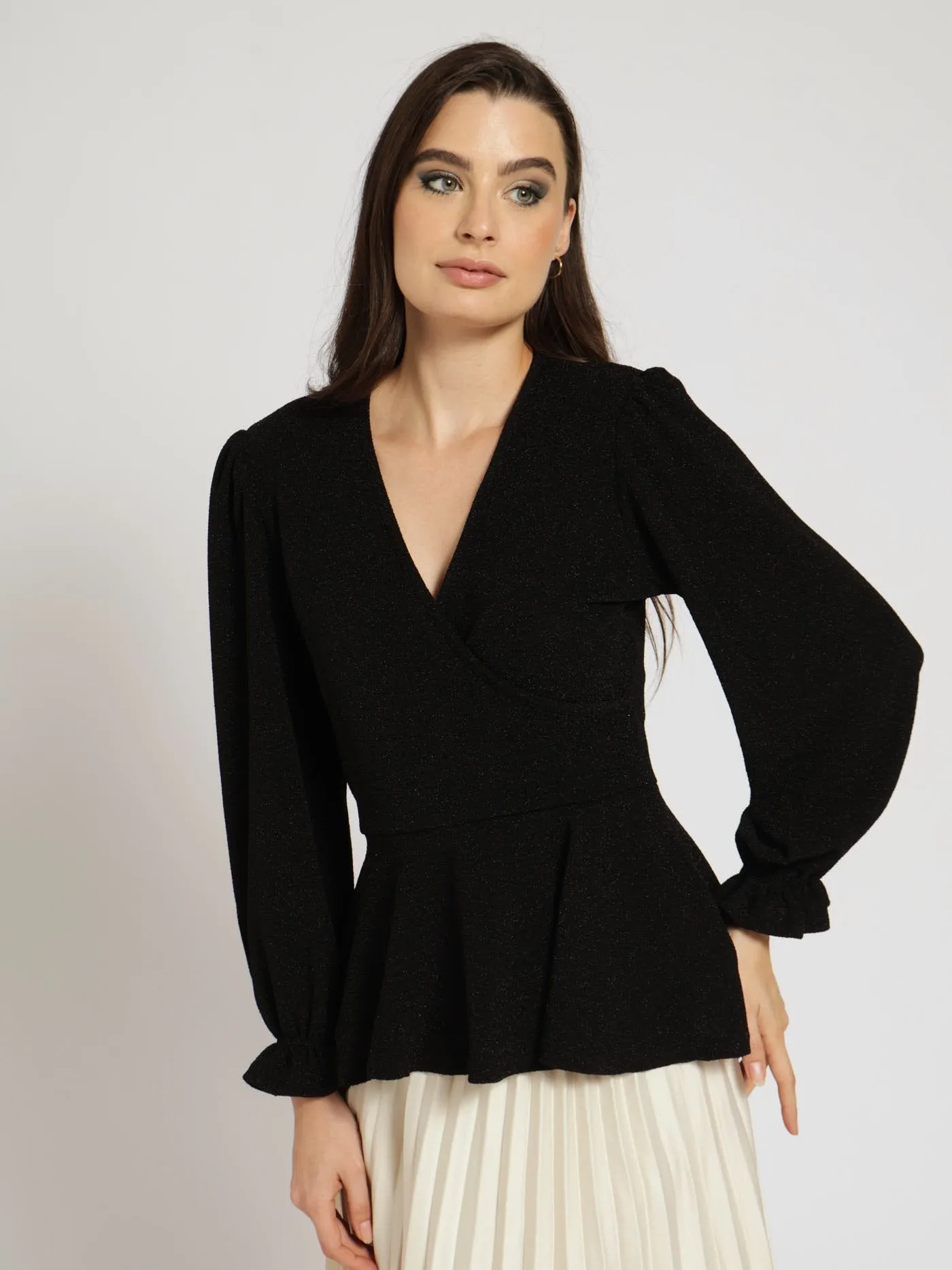 Wrap Peplum Shimmer Blouse - Black sold by Edgars