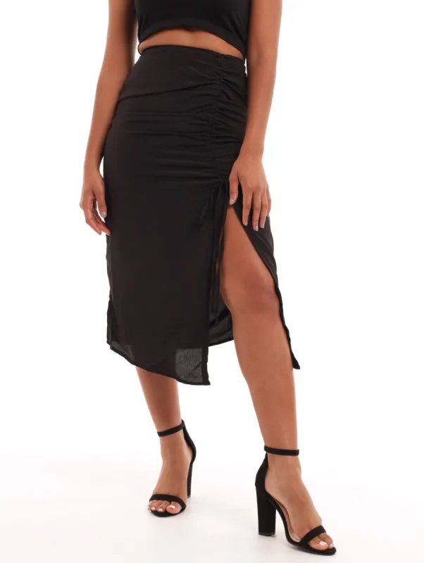 Ladies Plain Rouch Satin Skirt - Black sold by Edgars