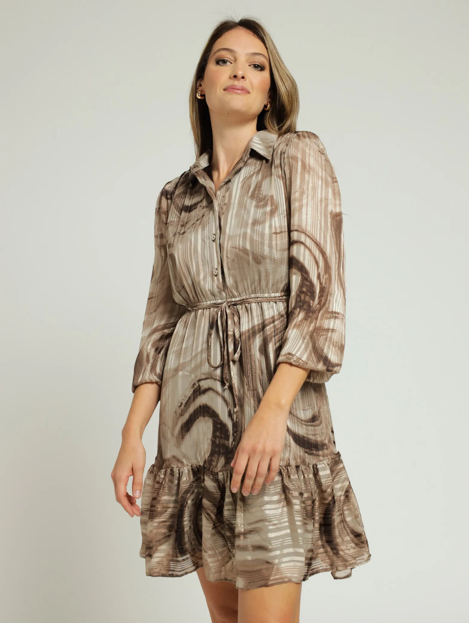 Button Through Tiered Frill Hem Tea Dress -Brown sold by Edgars