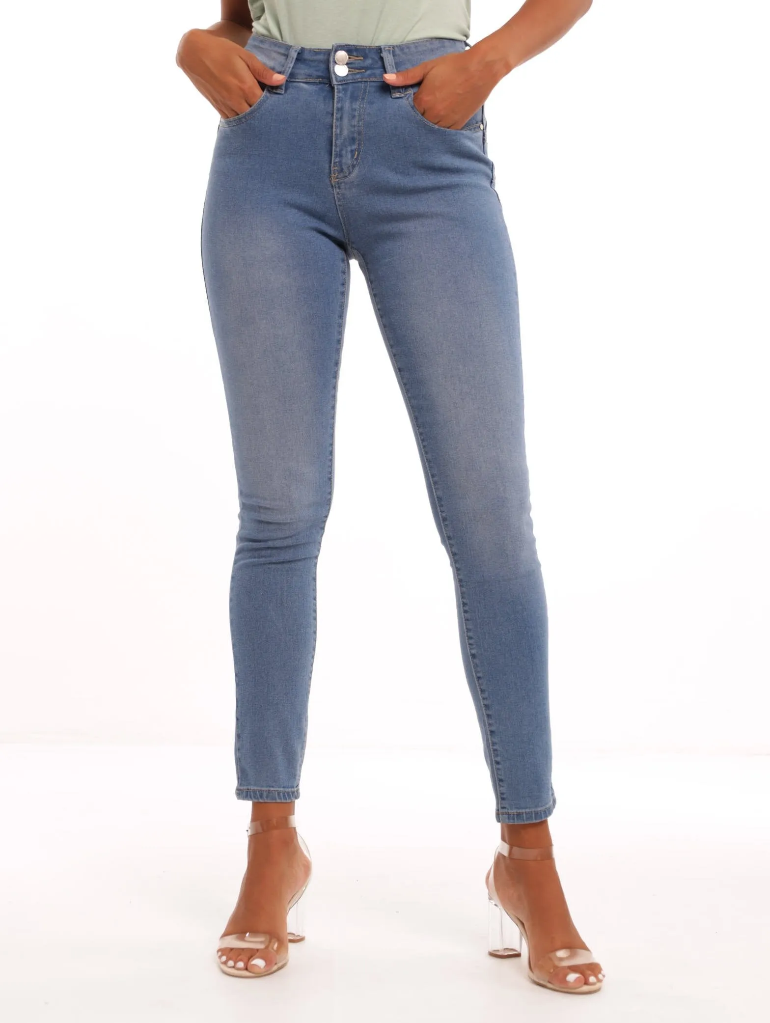 Ladies Mid Blue Double Waist-Band Skinny Denim Jean sold by Edgars