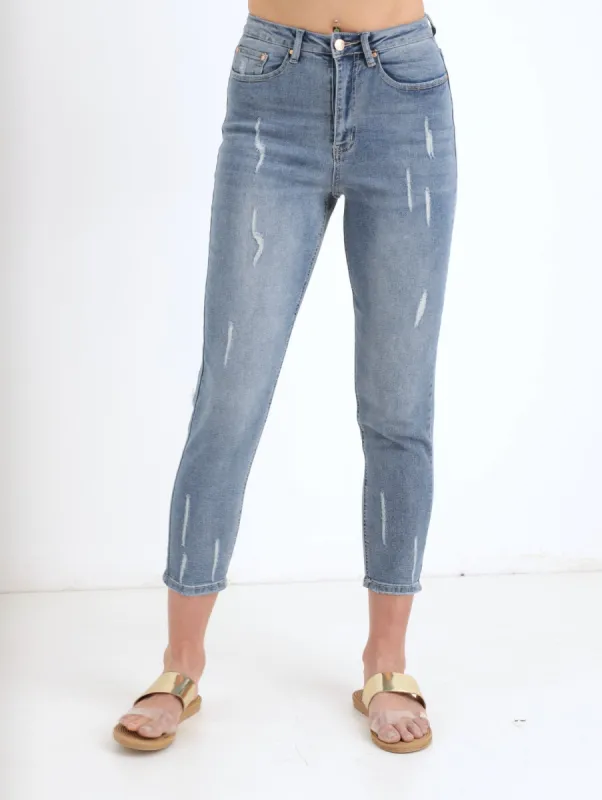 Ladies Bleach Stretch Denim Mom Jean sold by Edgars