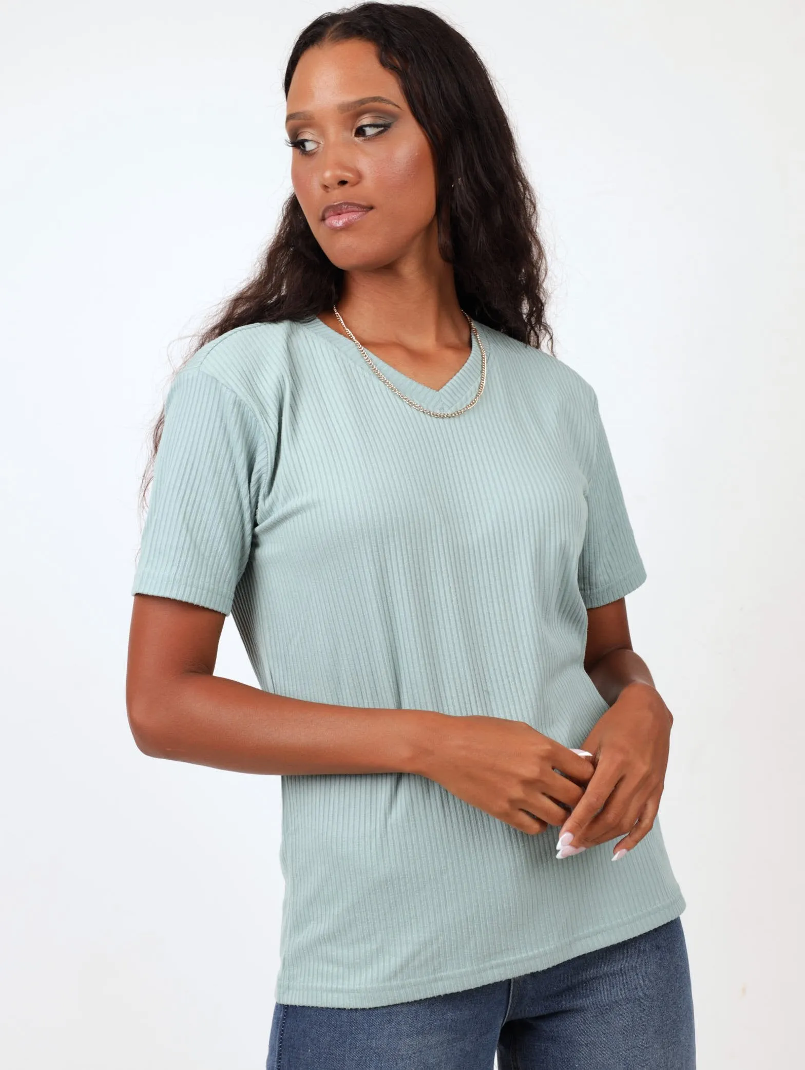 Ladies Rib V-Neck Tee - Duck Egg sold by Edgars