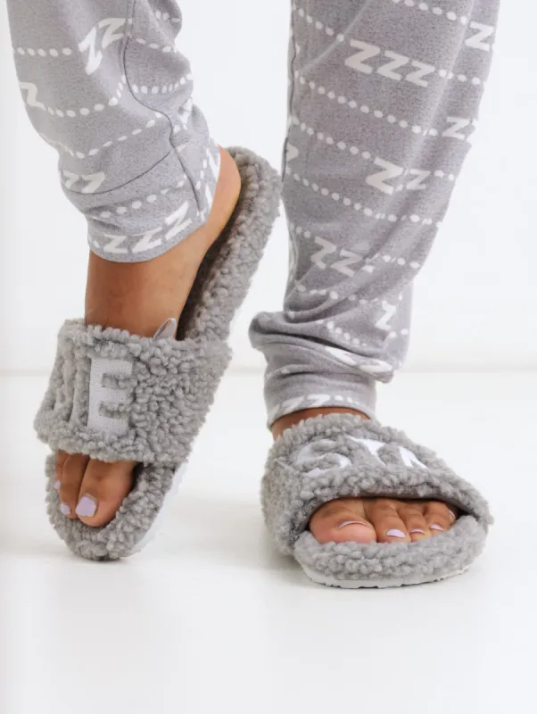 Ladies Moulded Sole Push-In Slogan Slide Slipper - Grey sold by Edgars