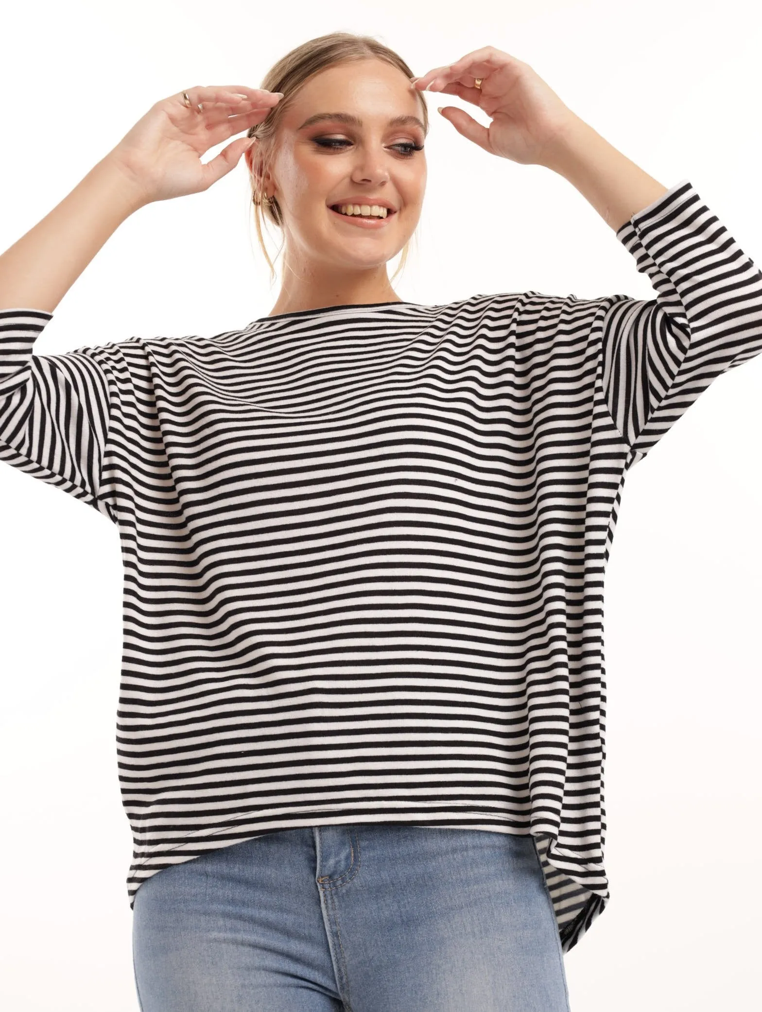 Ladies Loose Drop Shoulder Hilo 3/4 Sleeve Tee - Black/White sold by Edgars
