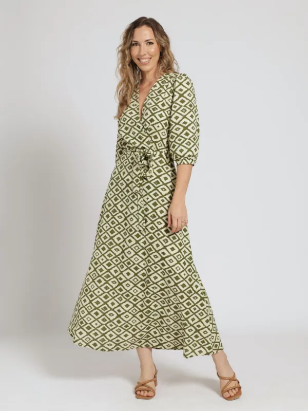 Long Sleeve Mock Wrap Geo Maxi Dress sold by Edgars
