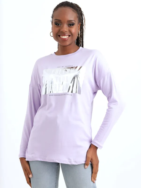 Ladies Long Sleeve Side Slit Follow Your Dreams Tee - Lilac sold by Edgars