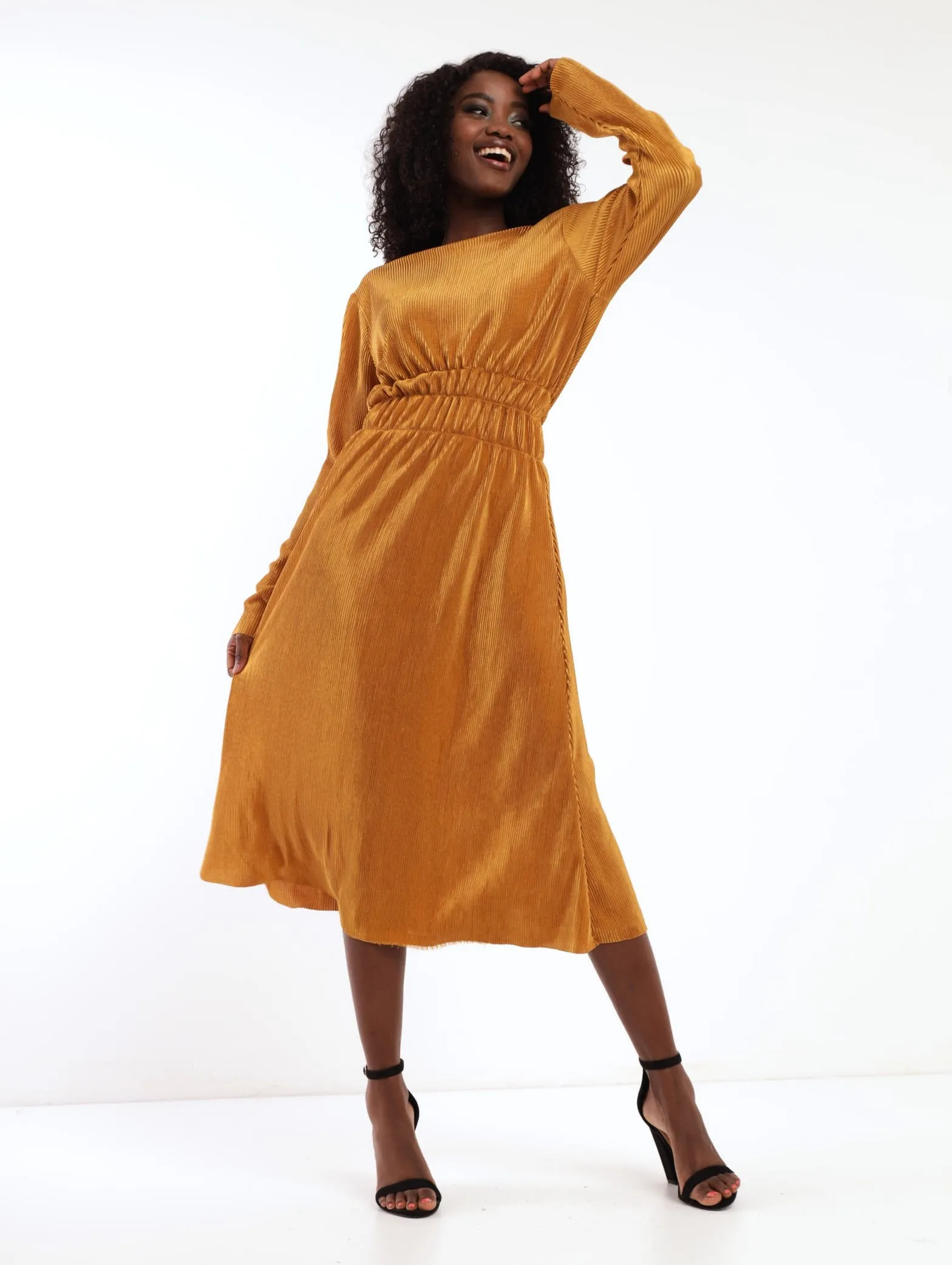 Ladies Long Sleeve Bodre Elastic Waist Midi Dress - Mustard sold by Edgars