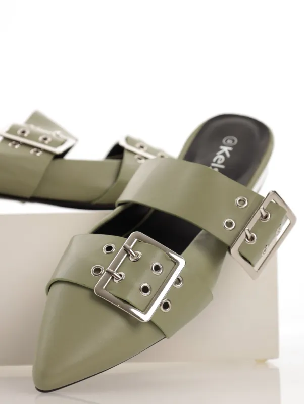 Ladies Pointed Push In Pump With Double Buckle Straps - Sage sold by Edgars