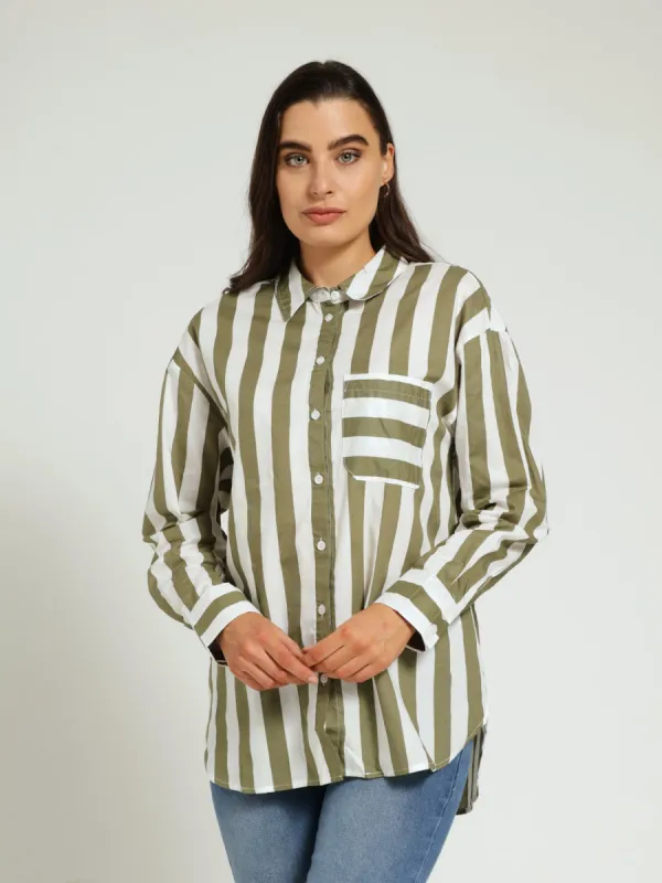 Long Sleeve Oversized Stripe Poplin Shirt - Fatigue sold by Edgars