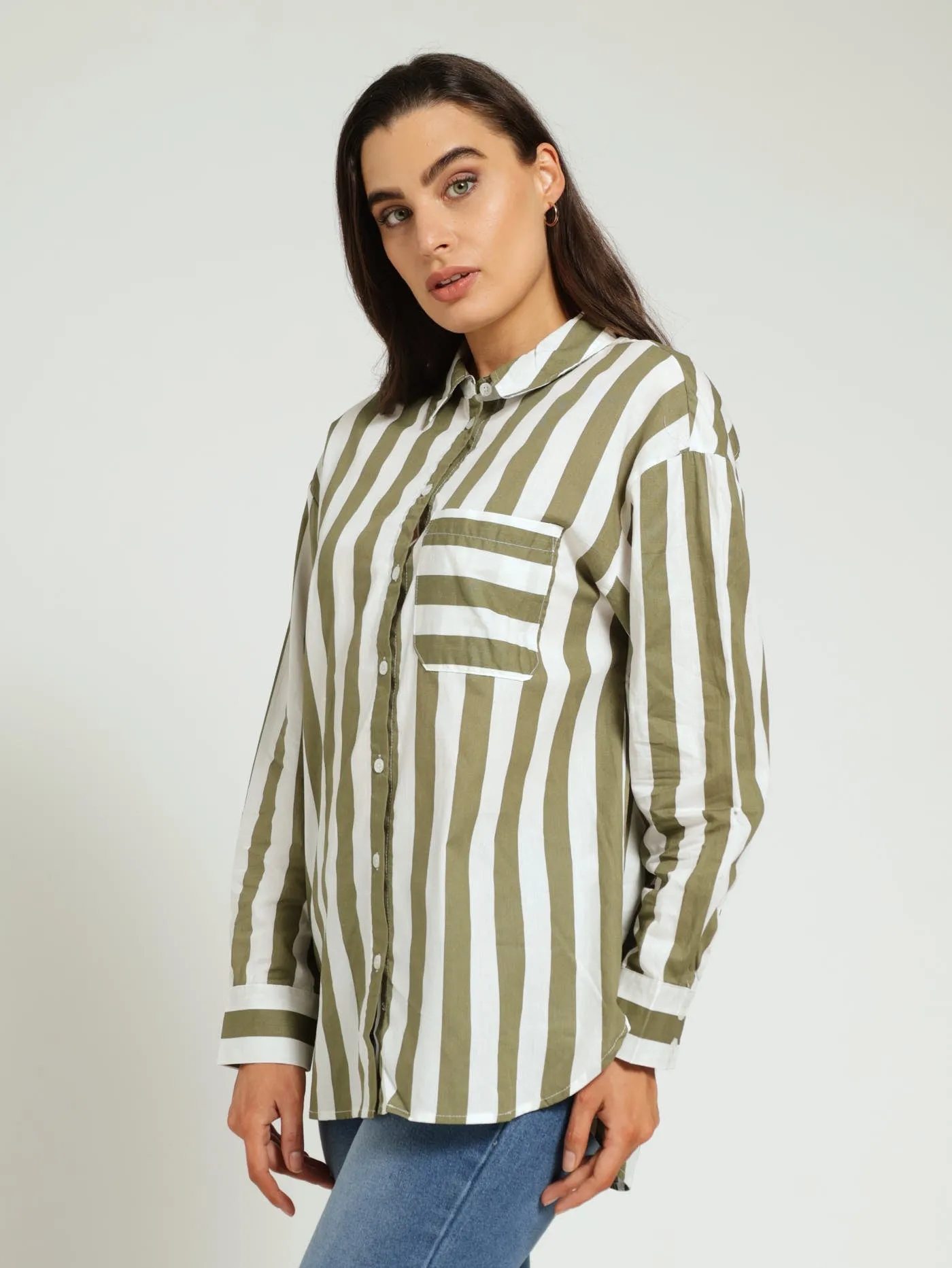 Long Sleeve Oversized Stripe Poplin Shirt - Fatigue sold by Edgars product image thumbnail 2