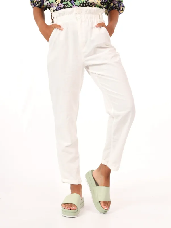 Ladies PaperBag Double Button Linen Mom Pant - White sold by Edgars