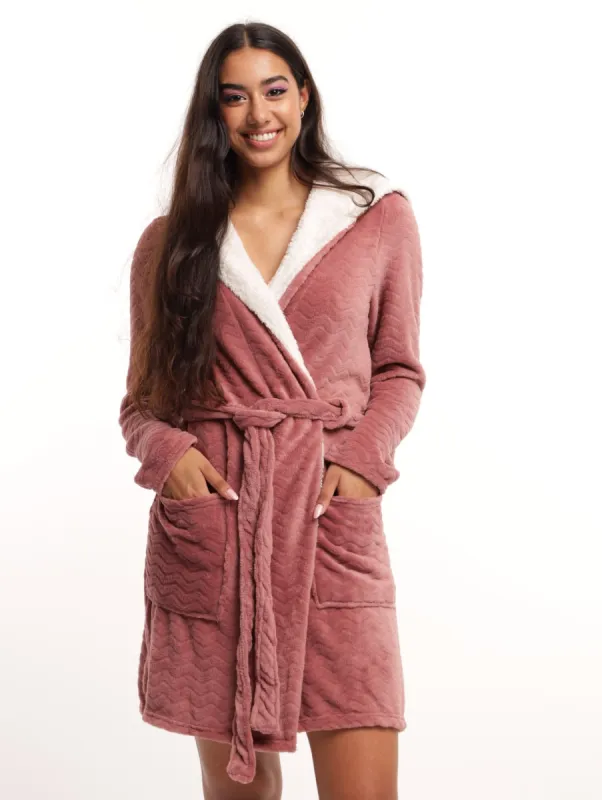 Ladies Teddy Trim Chevron Fleece Robe - Dusty Pink sold by Edgars