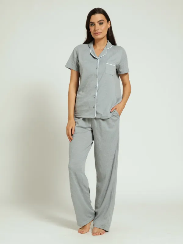Button Through Waffle Shirt & Pants Pj Set - Duck Egg sold by Edgars
