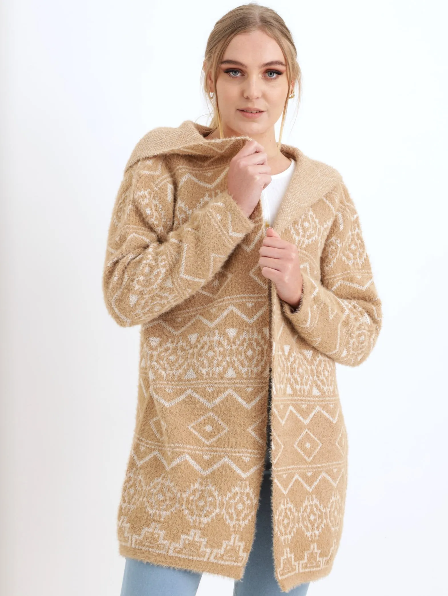 Ladies Hooded Aztek Cardigan - Stone sold by Edgars