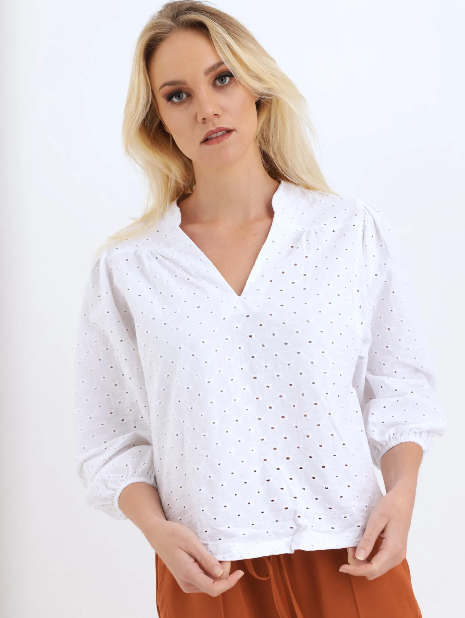 Ladies Anglaise Puff Sleeve Popover Blouse - White sold by Edgars