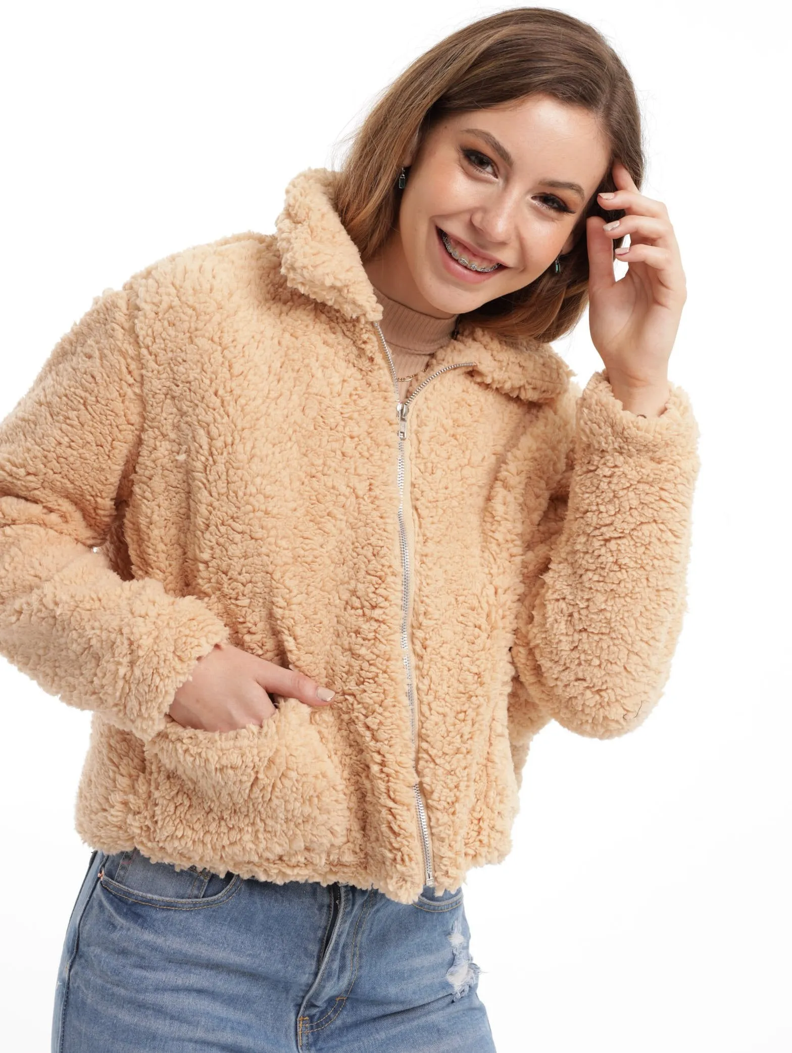 Ladies Oversized Zip Through Teddy Jacket - Cream sold by Edgars