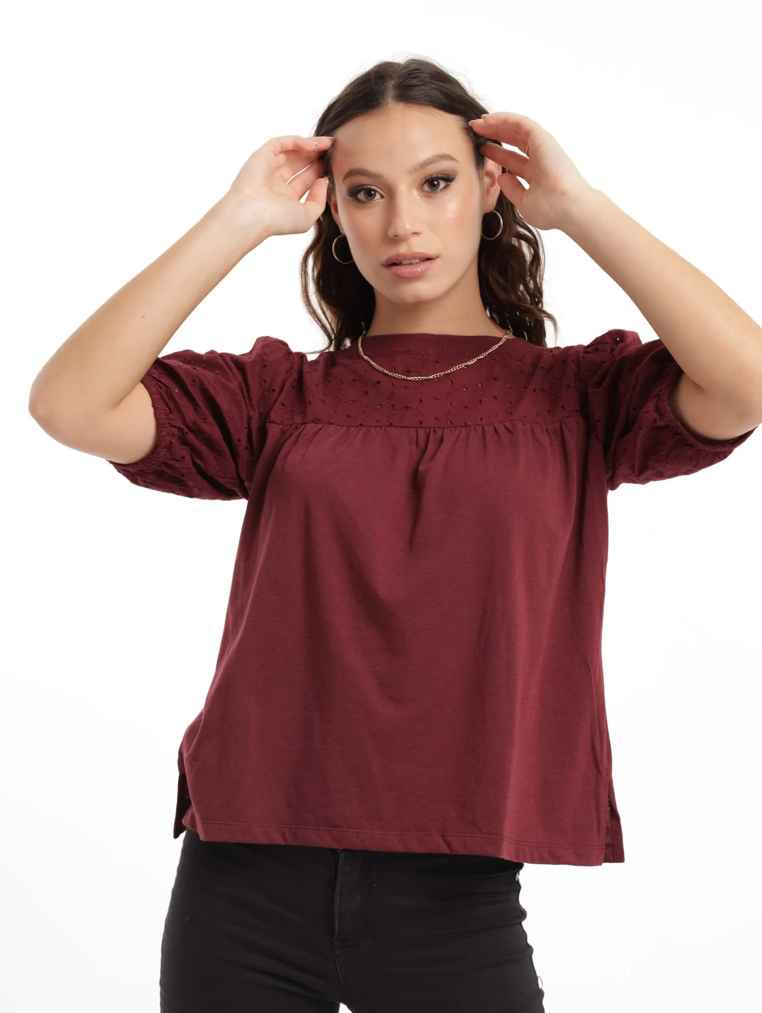 Ladies Anglaise Inset Puff Sleeve Tee - Burgundy sold by Edgars