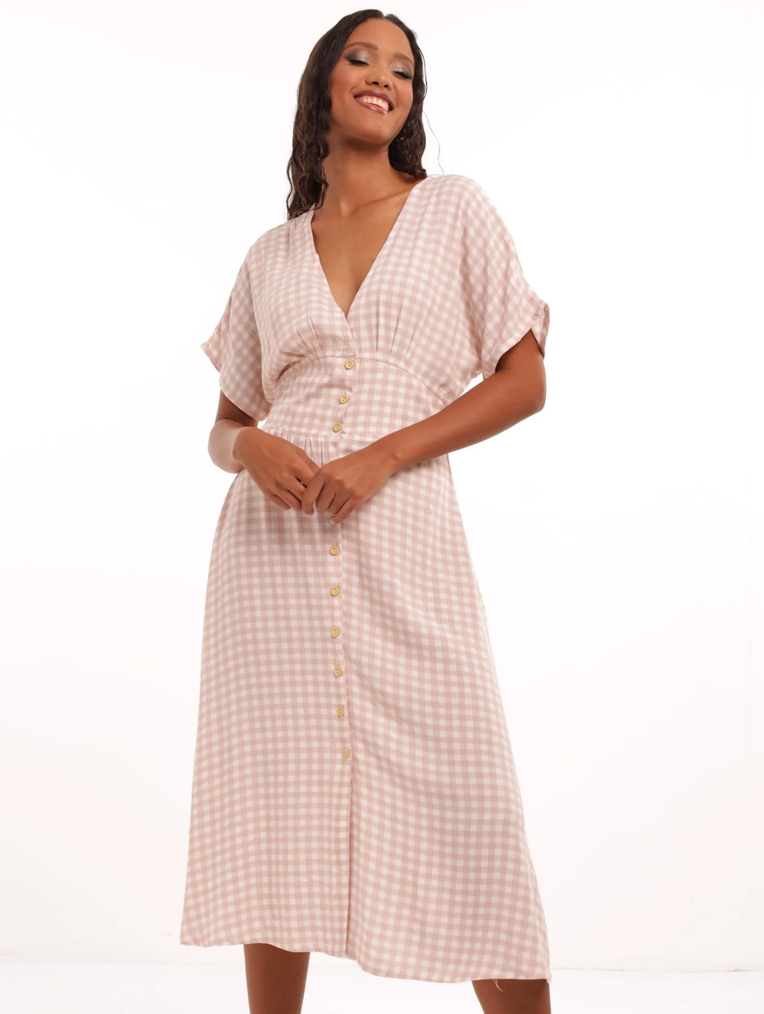 Ladies Button Through Gingham Midi Dress - White/Beige sold by Edgars