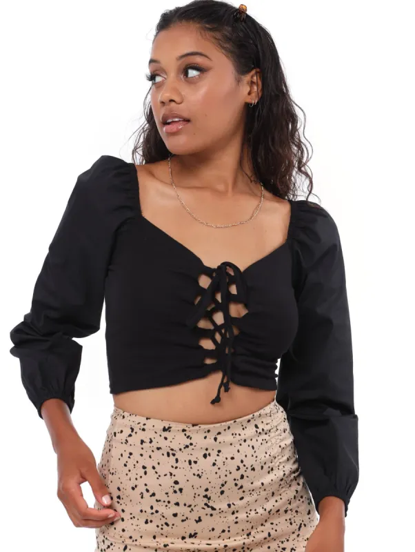 Ladies Long Sleeve Lace-Up Crop Top - Black sold by Edgars
