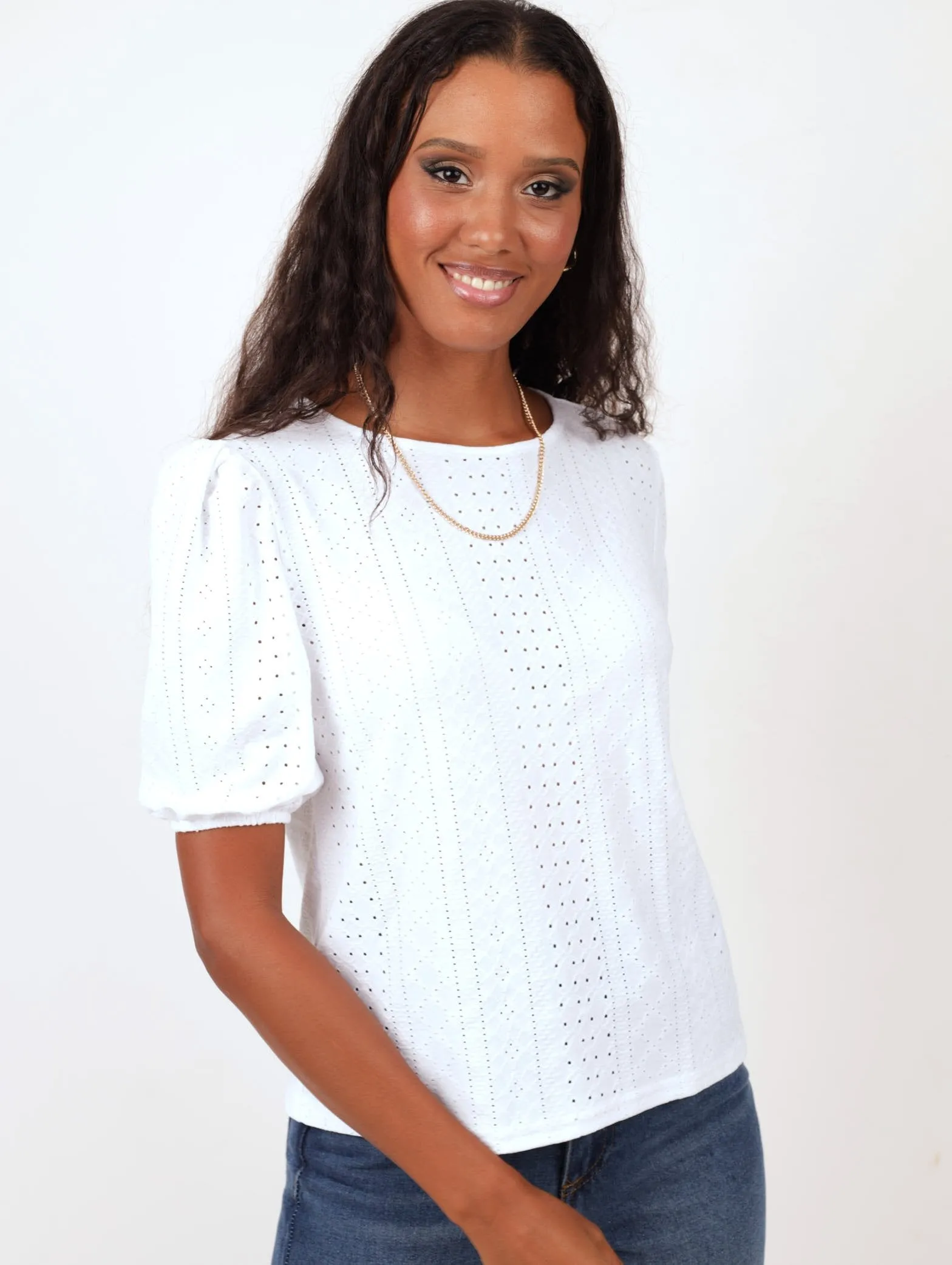 Ladies Knit Broiderie Puff Sleeve Boxy Tee - White sold by Edgars