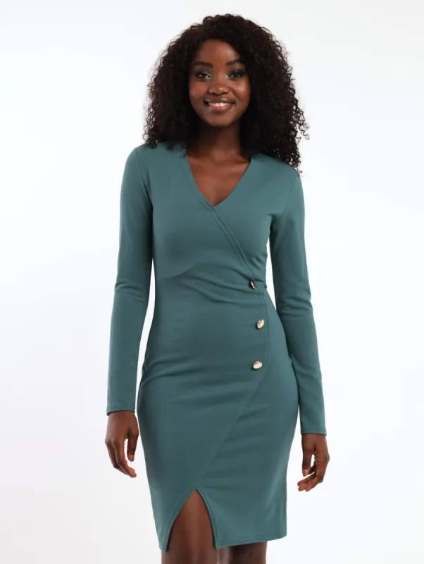Ladies Button Detail Mock Wrap Dress - Teal sold by Edgars